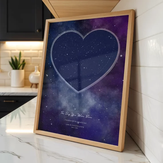 Heart-shaped baby star map print displayed beside flowers and gift box.