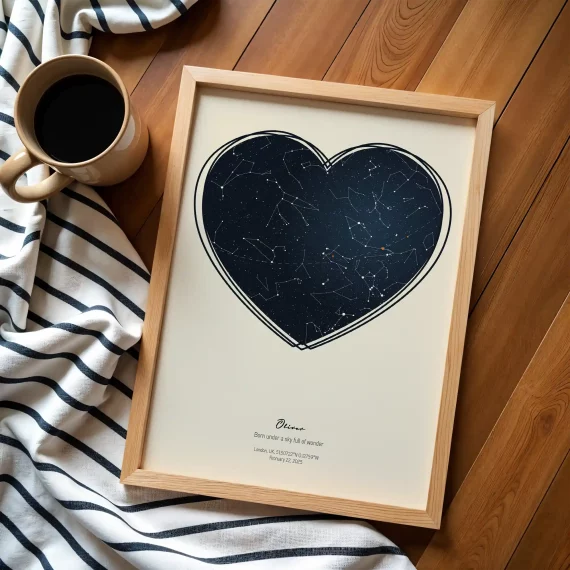 Heart-shaped personalized star map print beside coffee mug on wooden floor.