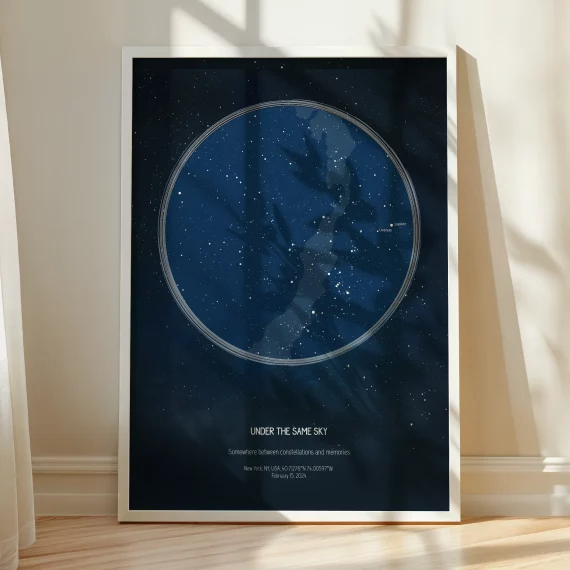 Large framed star map poster displayed in a bright modern room.
