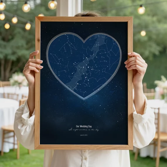 Framed wedding day star map poster with dark blue constellation circle design.