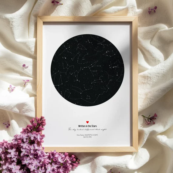 Minimalist custom star map print with flowers on soft white fabric.