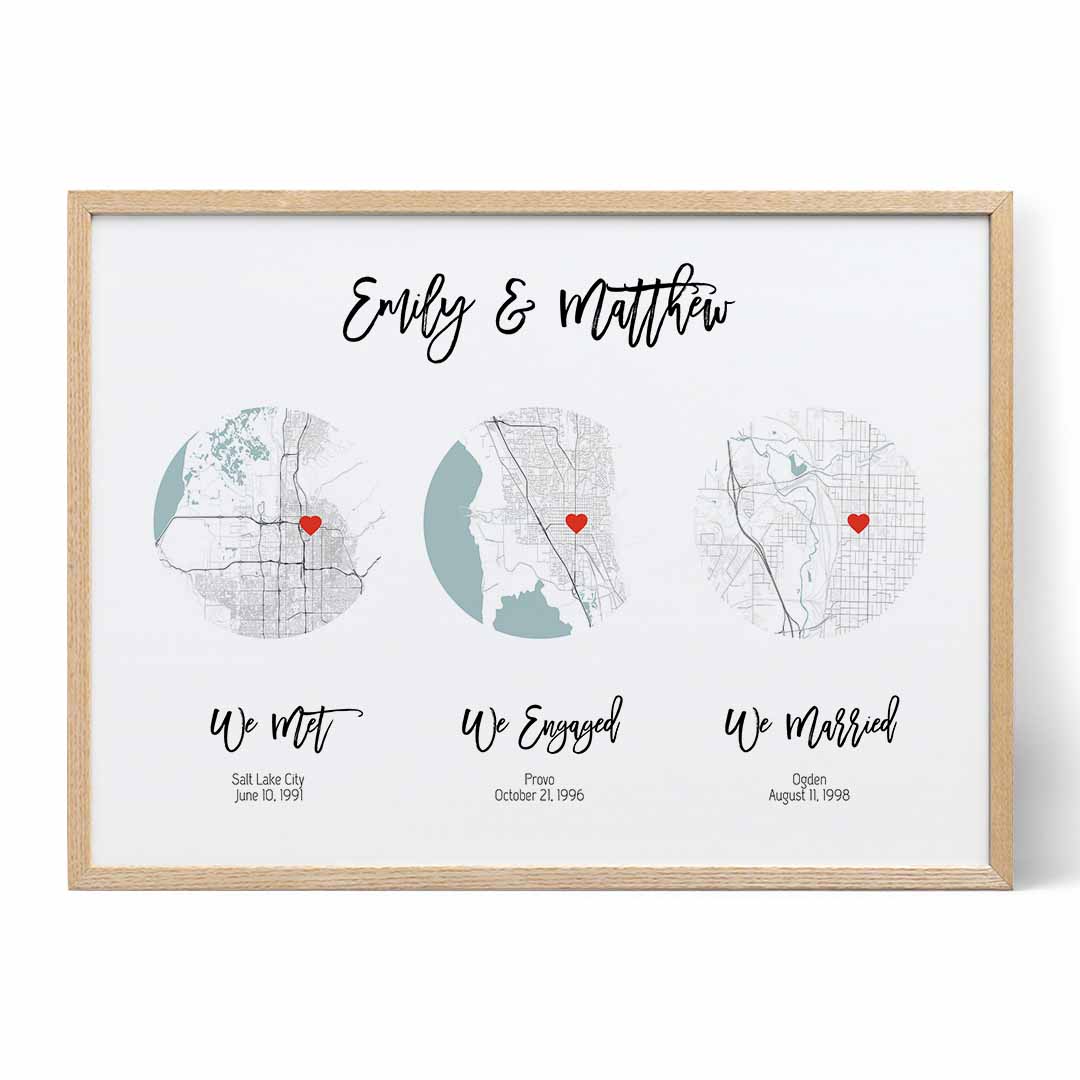 wedding gift Personalized Map Print Engagement Gift Idea Where we got Engaged where we met map framed engagement gift 1st home gift