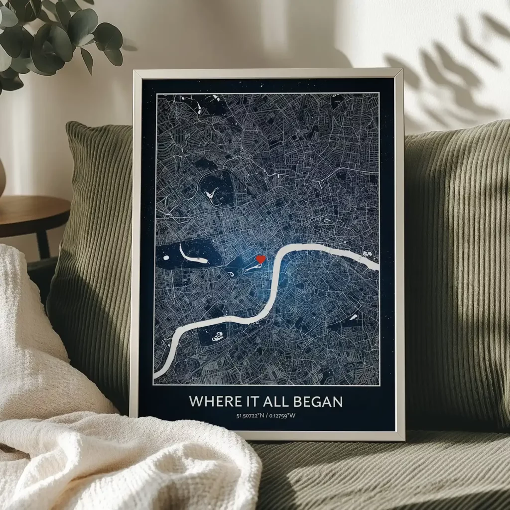 Custom city map print displayed as wall decor inspired by travel memories and meaningful places.