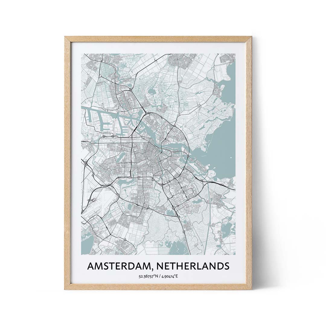Affisch med stadskarta över Amsterdam