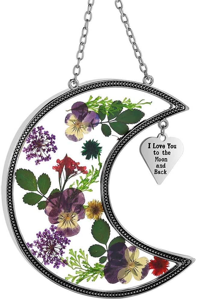 I Love You to The Moon and Back Suncatcher with Real Pressed Flowers in Glass and Silver Metal Heart Shaped Charm - Gift for Your Loved One