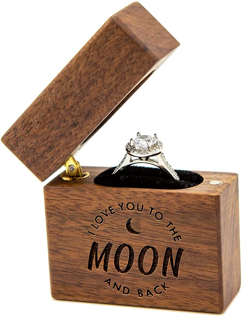 
MUUJEE Slim Wood Ring Box - I Love You to The Moon & Back Proposal or Engagement Ring Holder