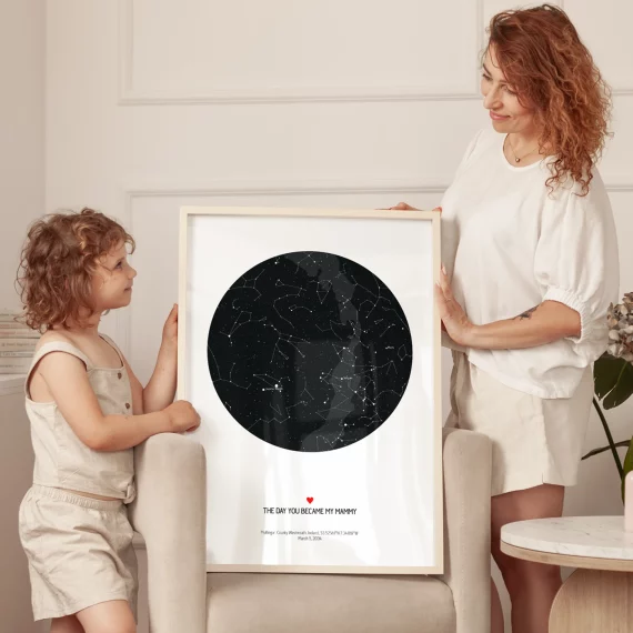 Personalized star map print held outdoors showing the night sky from the day you became my mommy.
