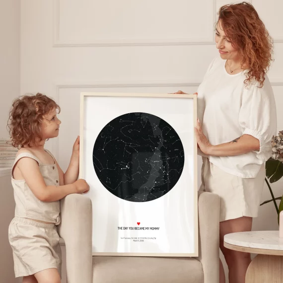Mother and child holding a personalized star map print marking the day you became my mommy.