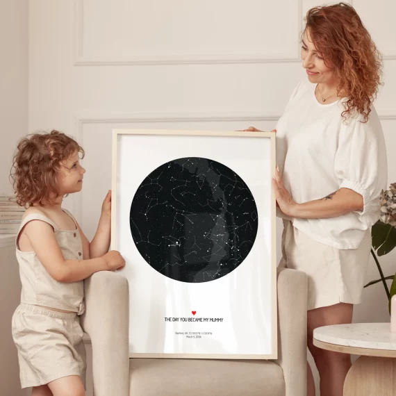 Mother and child holding a personalized star map print marking the day you became my mommy.