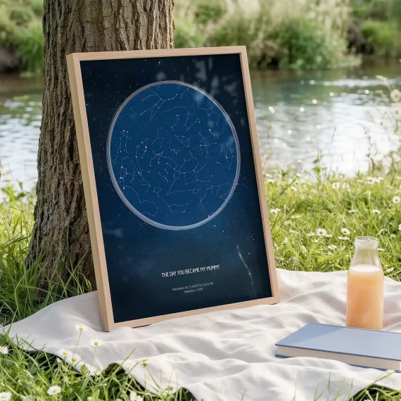 Custom star map print placed outdoors by a river showing the night sky from the day you became my mommy.