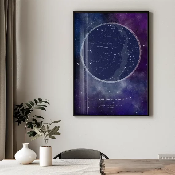 Framed night sky poster displayed on a wall featuring the day you became my mommy star map design.