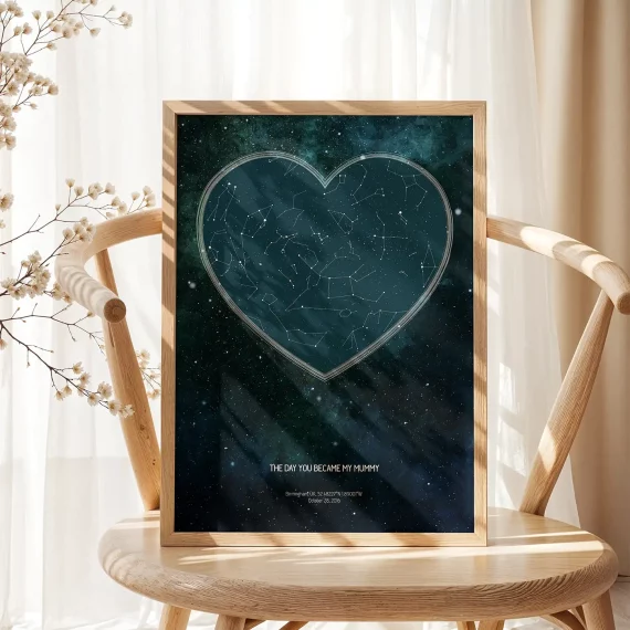 Heart-shaped star map print showing the night sky from the day you became my mommy displayed on a chair.
