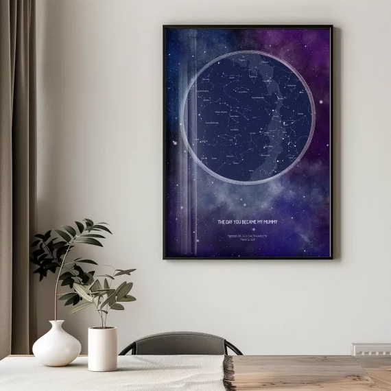 Framed night sky poster displayed on a wall featuring the day you became my mommy star map design.