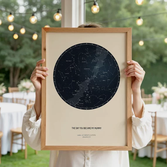 Personalized star map print held outdoors showing the night sky from the day you became my mommy.