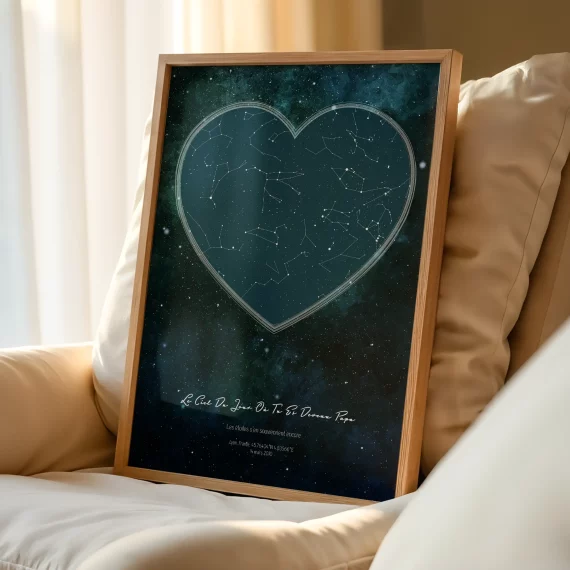 Affiche personnalisée en forme de cœur représentant la carte du ciel du jour où tu es devenu mon papa, encadrée sur un fauteuil.