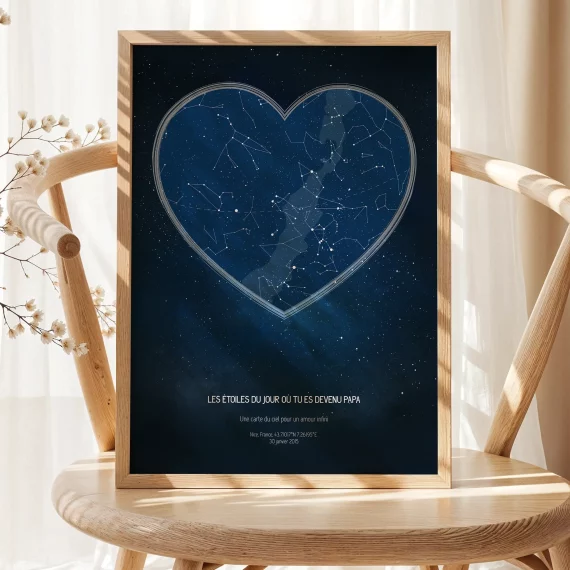 Affiche personnalisée avec une carte du ciel en forme de cœur célébrant le jour où tu es devenu mon papa.