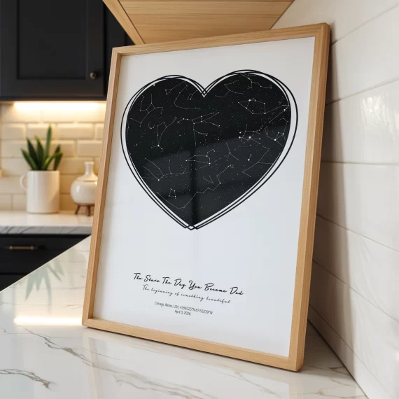 Heart-shaped The Day You Became My Daddy poster displayed on a marble kitchen countertop in a wooden frame.