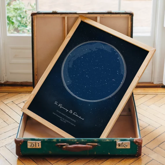 Framed The Day You Became My Daddy celestial print displayed inside an open vintage suitcase.