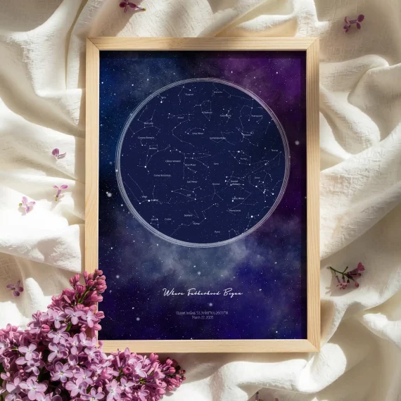 Framed The Day You Became My Daddy galaxy star map print surrounded by soft fabric and purple flowers.