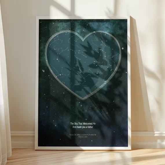Heart-shaped The Day You Became My Daddy constellation poster framed in white and displayed in warm sunlight.