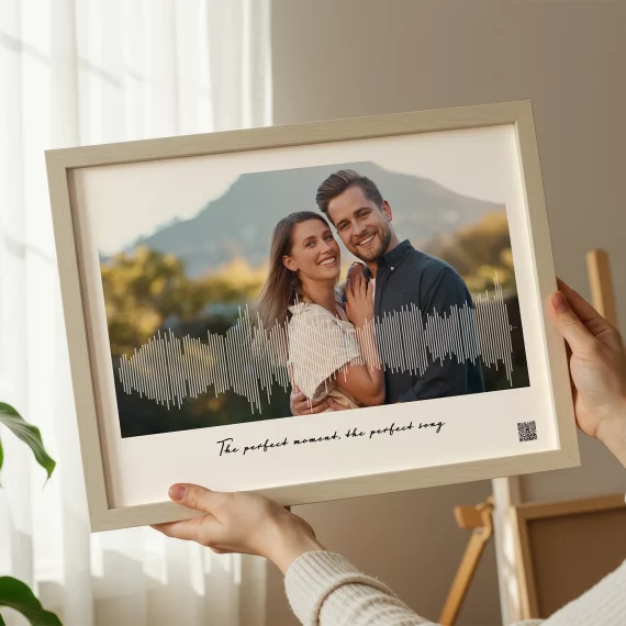 personalized soundwave art print with couple photo and waveform design in bright interior