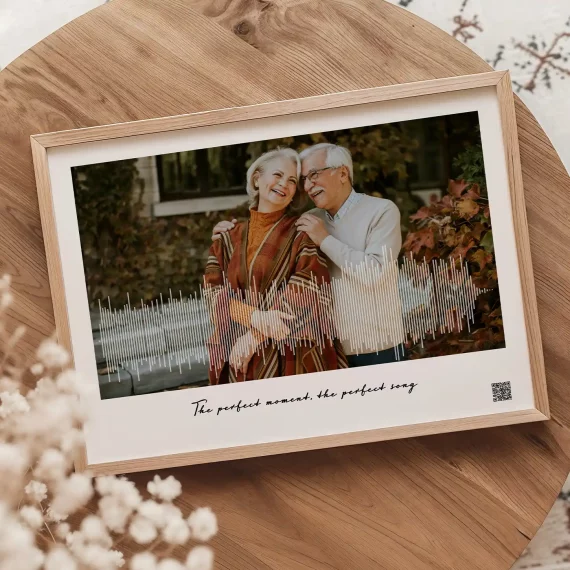 soundwave art photo print with waveform overlay of a couple in autumn setting