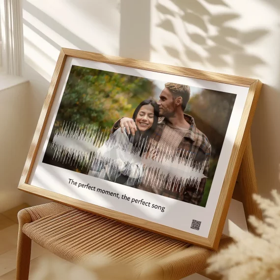 soundwave art wall decor with couple photo in cozy interior setting