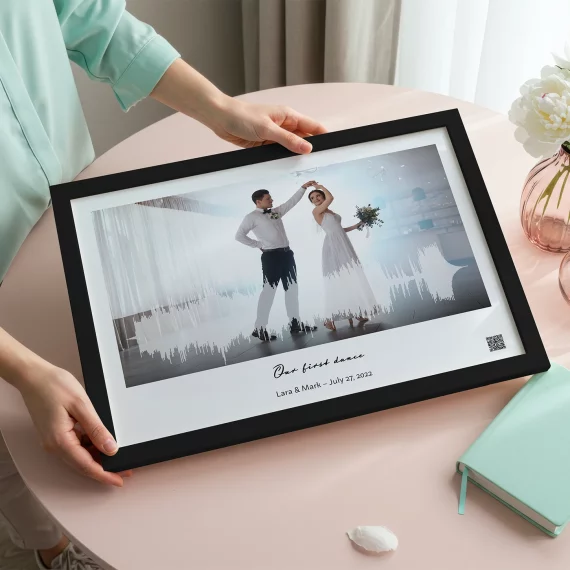 first dance song soundwave art wedding couple custom framed print held on table