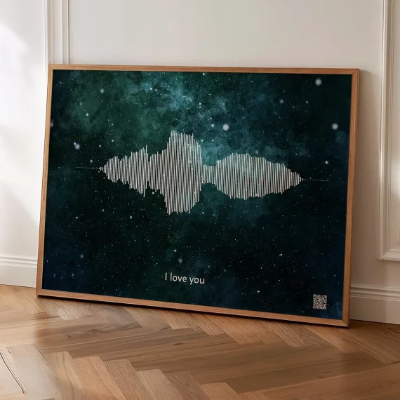 large voice recording soundwave wall art with galaxy background leaning against wall