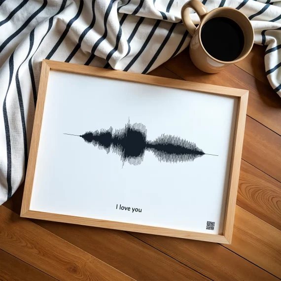 minimalist voice recording soundwave print in wooden frame with simple waveform design