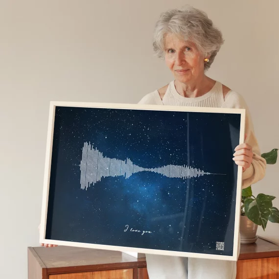 voice recording soundwave wall art personalized print held by woman with night sky background