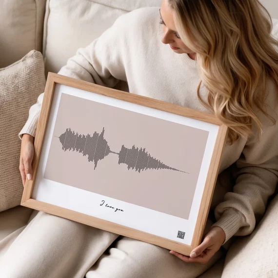 custom voice recording soundwave print in neutral tones displayed on sofa in cozy interior
