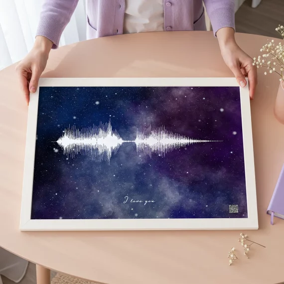 voice recording soundwave wall art with galaxy background and I love you message on framed print