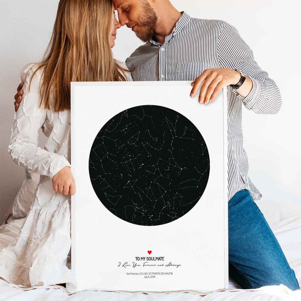Personalized star map print showing the night sky from a special date, romantic Valentine’s Day gift