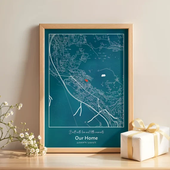Personalized New Home Map artwork in wooden frame with custom city layout and heart marker.