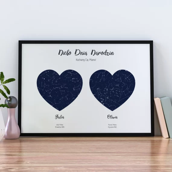 Plakat z dwiema mapami nieba w kształcie serca ustawiony na drewnianej komodzie