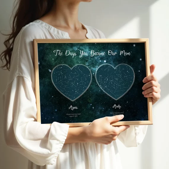 Woman holding a custom star map print showing the days you became our mom with personalized dates.