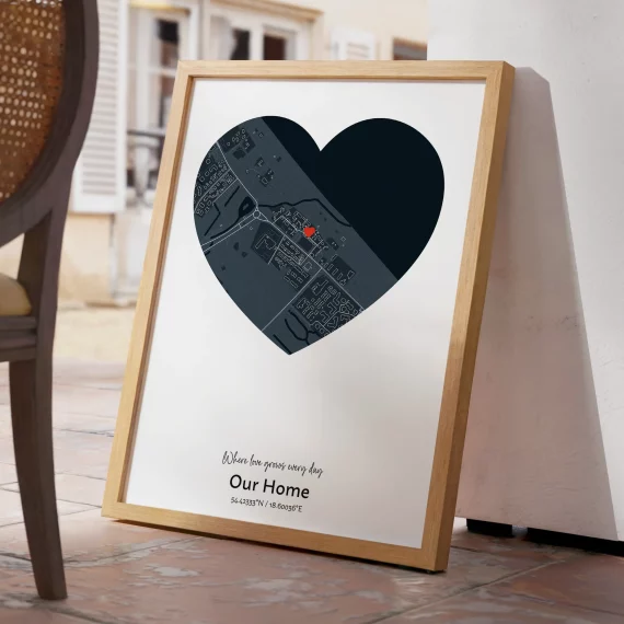 Heart-shaped New Home Map poster with custom location and minimalist framed design.