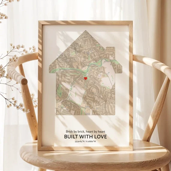 House-shaped New Home Map poster in wooden frame with personalized map location.