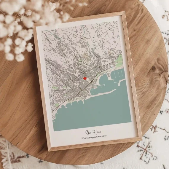 Minimalist New Home Map print with custom city map and red heart location marker.