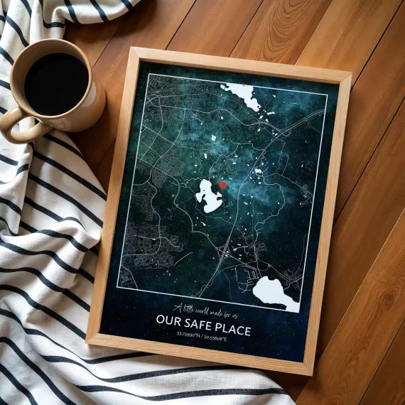 Framed New Home Map print with galaxy-style city map and personalized location marker.