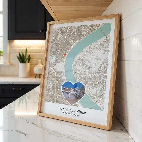 Framed New Home Map wall art displayed in modern kitchen interior with custom location marker.