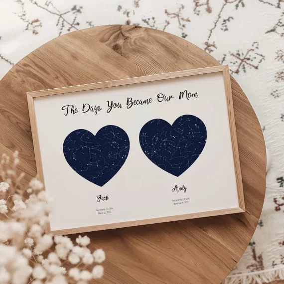 Framed star map with two heart shapes displaying the night sky from the days you became our mom on a wooden table.