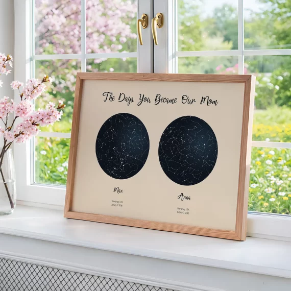 Framed night sky poster by a window showing the days you became our mom with two circular star maps.