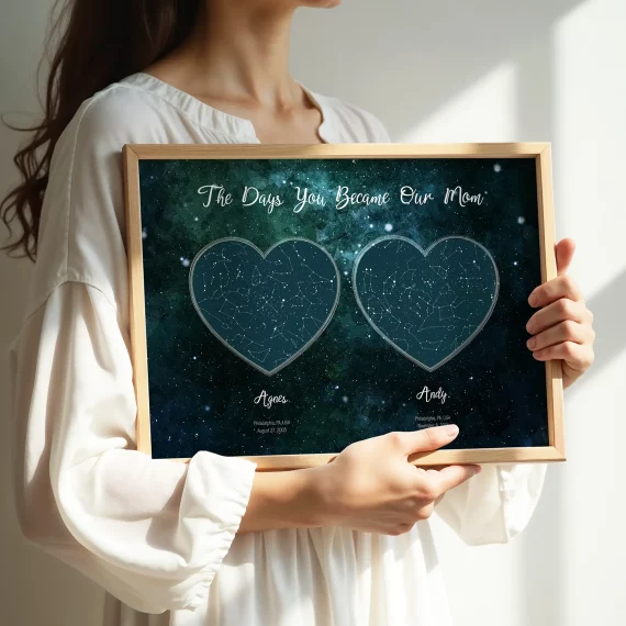 Person holding a personalized star map print with two heart designs representing the days you became our mom.