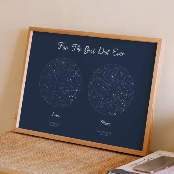Framed custom dad star map poster with two personalized constellation charts on navy background.