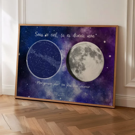 Affiche personnalisée avec une carte du ciel et la phase de la lune du jour où tu es devenu notre papa.