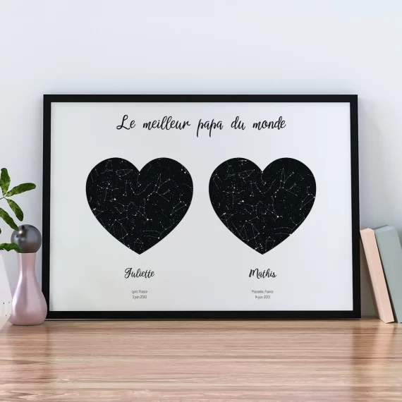 Affiche personnalisée avec deux cartes du ciel en forme de cœur pour le meilleur papa du monde.