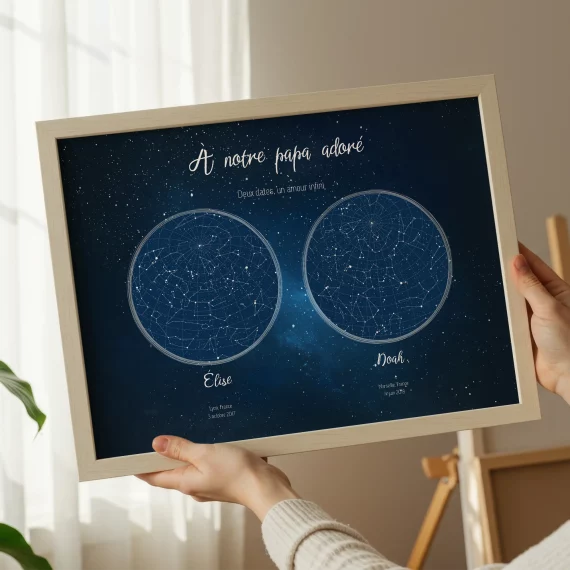 Personne tenant une affiche personnalisée avec deux cartes du ciel pour un cadeau destiné à un papa.