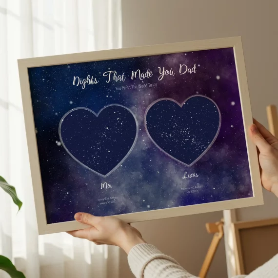 Galaxy-themed double heart star map poster held in hands indoors.